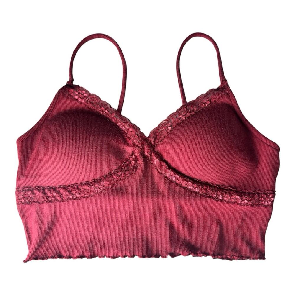 Y2K Womens Burgundy Ribbed Babydoll Crop Cami Tank Top Lace Fairy Grunge Medium - Picture 5 of 6